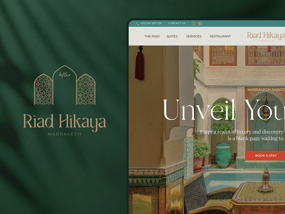 Riad Hikaya logo, three lattice arches, beside the riad's website: a courtyard photograph, a serif headline and a Book a stay button.