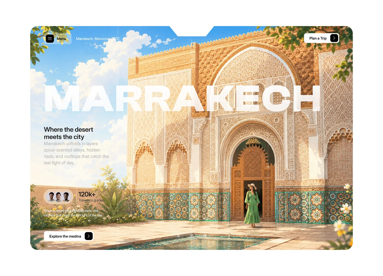 Marrakech landing page: a carved and tiled doorway with a woman in a green dress, the city name in large letters, and buttons to plan a trip or explore the medina.